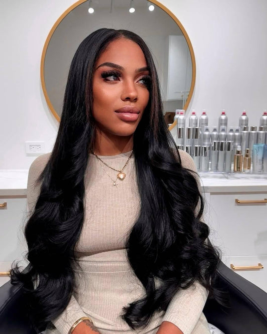 Classic Collection Silky Straight - Mirabella Hair - Woman with long jet black hair extensions - raw hair bundles